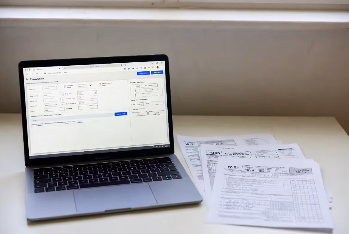Tax documents prepared next to a laptop for online filing