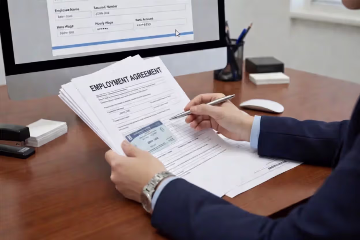 HR specialist verifying employee Social Security and payroll data