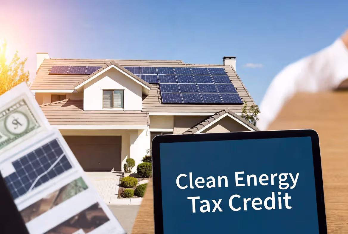 House with solar panels representing clean energy tax credits