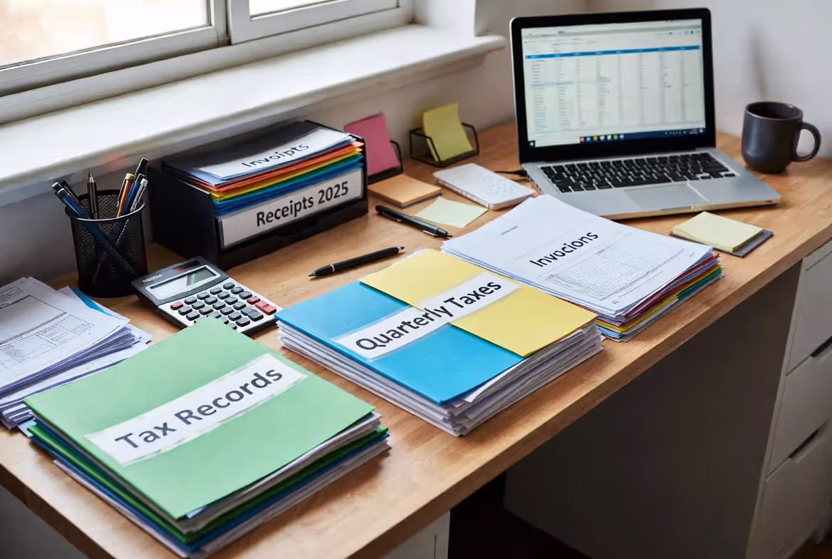 Organized tax records and folders on a desk