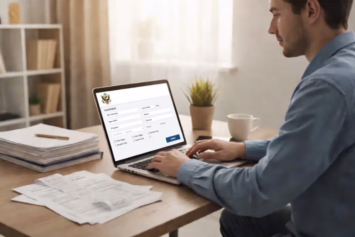 Young adult filing a tax return online from home with documents